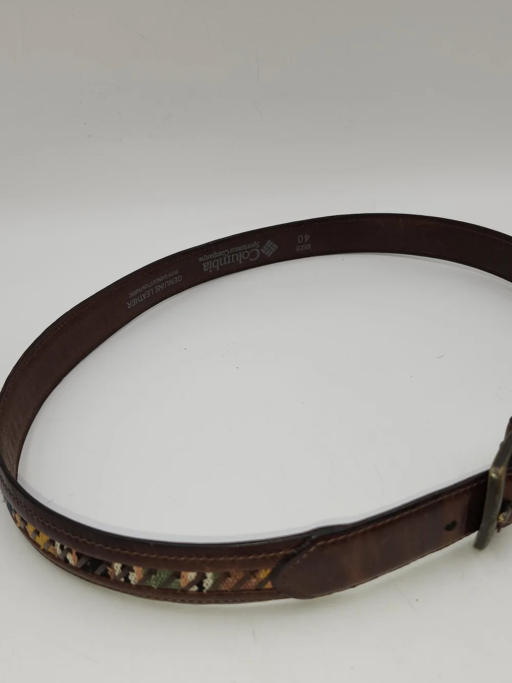 Columbia Brown Leather Men’s Belt with Multicolor Woven Inlay